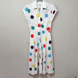 Unique Vintage White Polka Dot Button-Up Short Sleeve Retro Inspire Dress XS